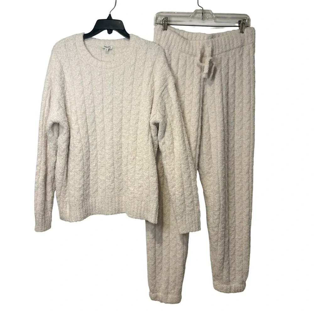 Splendid Lounge Set Womens M Cream Ribbed Eyelash Knit Sweater Joggers Cottage‎